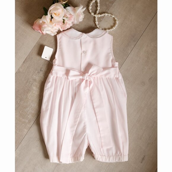 New Pink Smocked Romper Bullion Rose Embroidery Feltman Brothers 12 Month NWOT - Picture 3 of 5